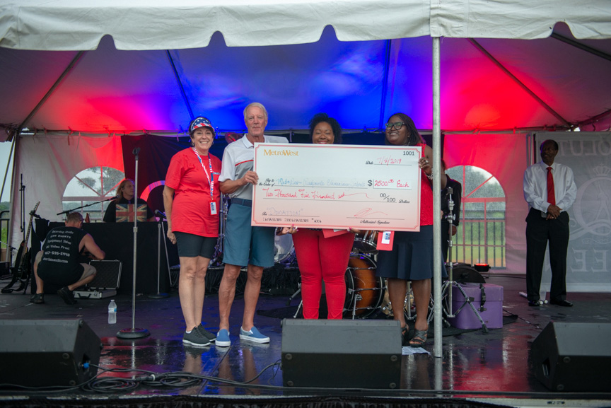 Women getting giant check donation from Metrowest while on stage
